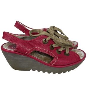 Fly London Yaba Red Leather 2.5" Wedge Heel Lace Up Sandals Open Toe 40 9-9.5 US